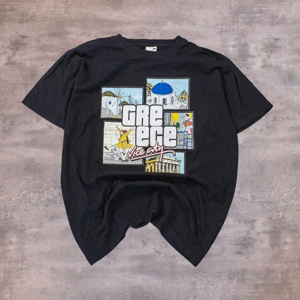 Y2K 2000's Fruit Of The Loom Greece Vice City Grand Theft Auto Black T-Shirt